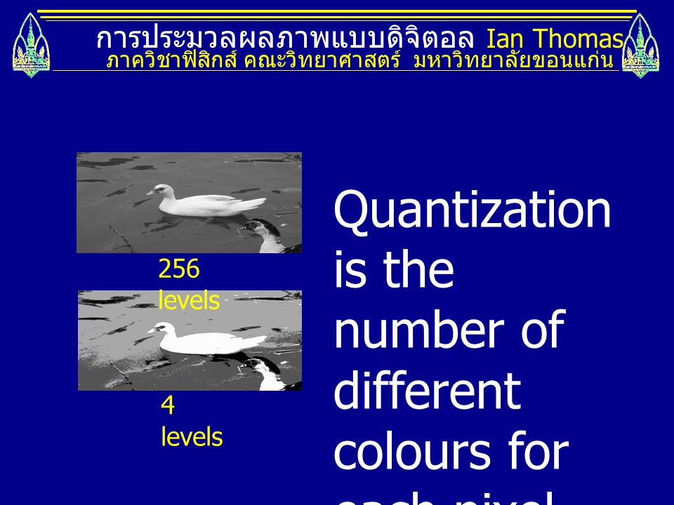 Quantization is the number of different colours for each pixel.