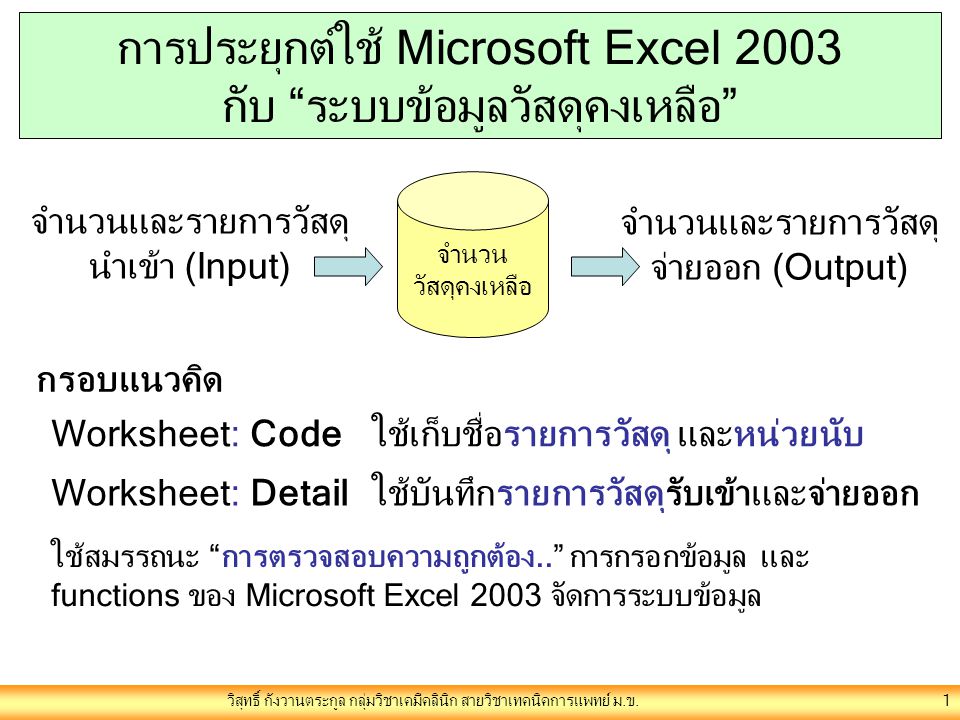 การประยุกต์ใช้ Microsoft Excel 2003 กับ ระบบข้อมูลวัสดุคงเหลือ