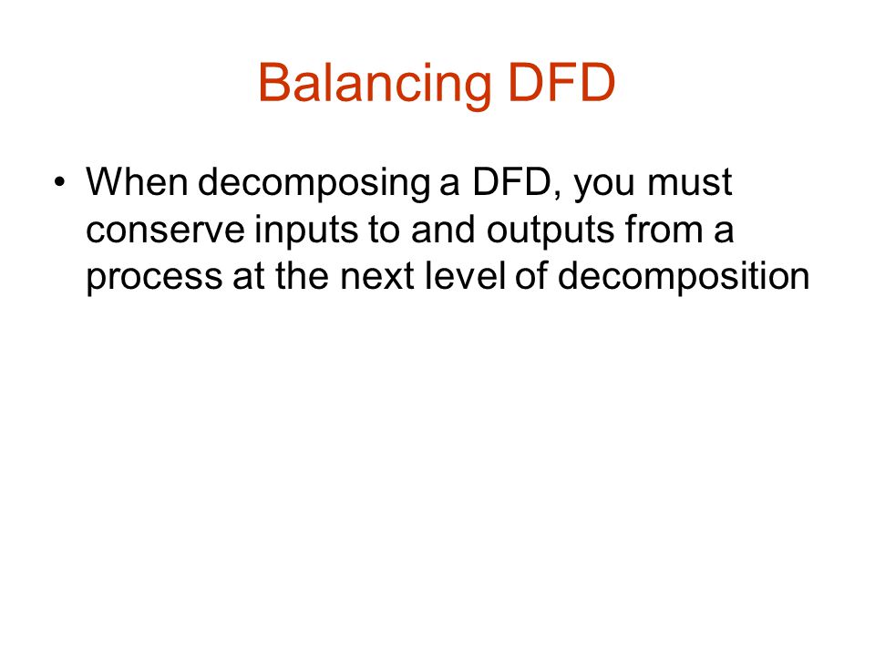 Balancing DFD When decomposing a DFD, you must conserve inputs to and outputs from a process at the next level of decomposition.