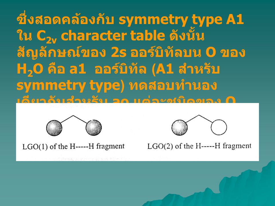 ซึ่งสอดคล้องกับ symmetry type A1 ใน C2v character table ดังนั้นสัญลักษณ์ของ 2s ออร์บิทัลบน O ของ H2O คือ a1 ออร์บิทัล (A1 สำหรับ symmetry type) ทดสอบทำนองเดียวกันสำหรับ ao แต่ละชนิดของ O และ LGO แต่ละชนิดของ H--H fragment