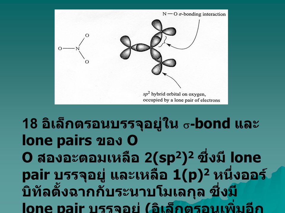 18 อิเล็กตรอนบรรจุอยู่ใน s-bond และ lone pairs ของ O