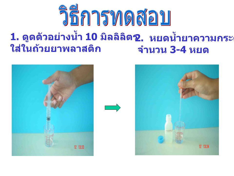 วิธีการทดสอบ 1. ดูดตัวอย่างน้ำ 10 มิลลิลิตร 2. หยดน้ำยาความกระด้าง 1