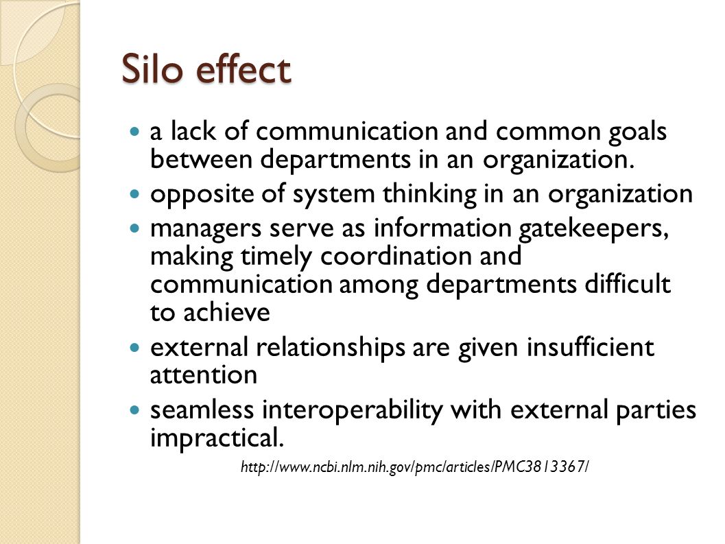 Silo effect a lack of communication and common goals between departments in an organization. opposite of system thinking in an organization.