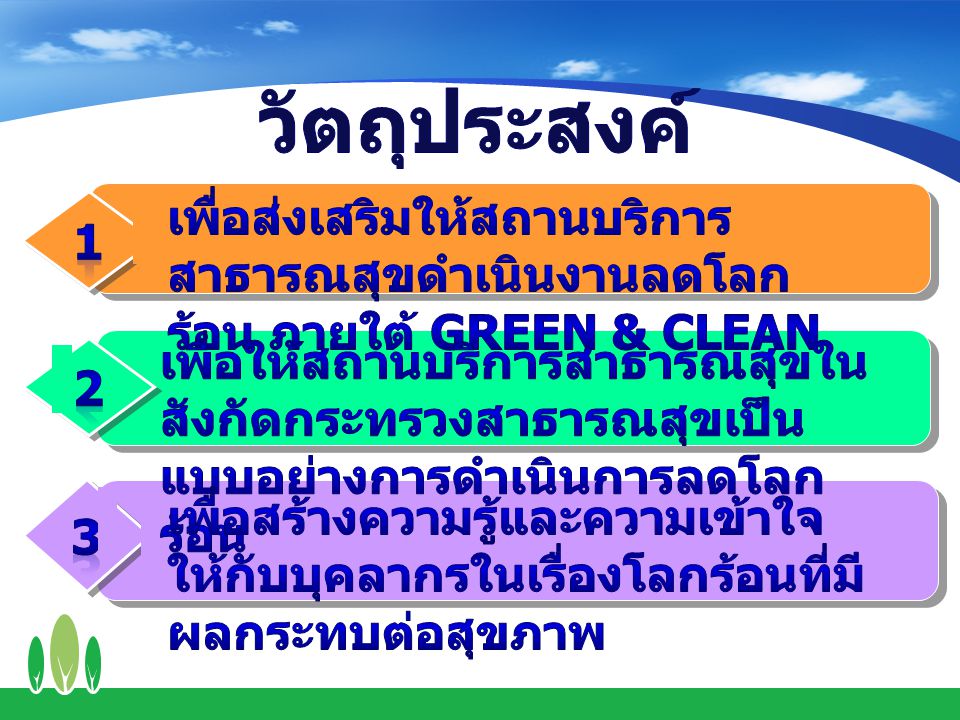 วัตถุประสงค์ 1. เพื่อส่งเสริมให้สถานบริการสาธารณสุขดำเนินงานลดโลกร้อน ภายใต้ GREEN & CLEAN. 2.