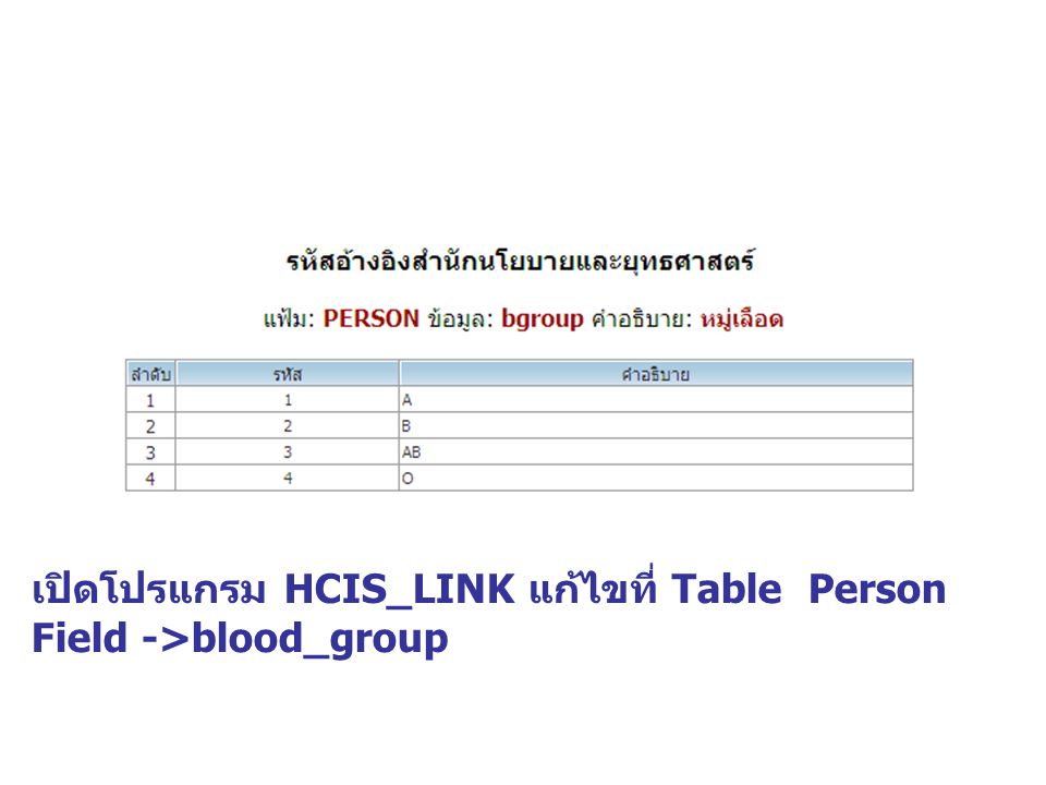 เปิดโปรแกรม HCIS_LINK แก้ไขที่ Table Person Field ->blood_group