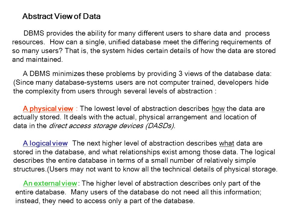 Abstract View of Data DBMS provides the ability for many different users to share data and process.