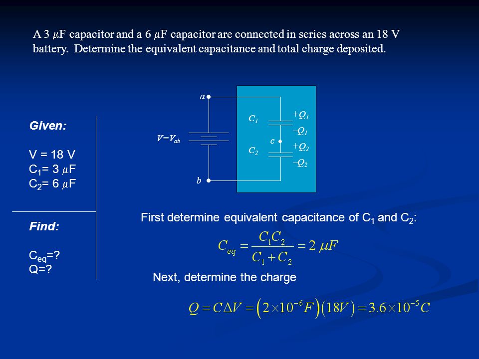 First determine equivalent capacitance of C1 and C2: