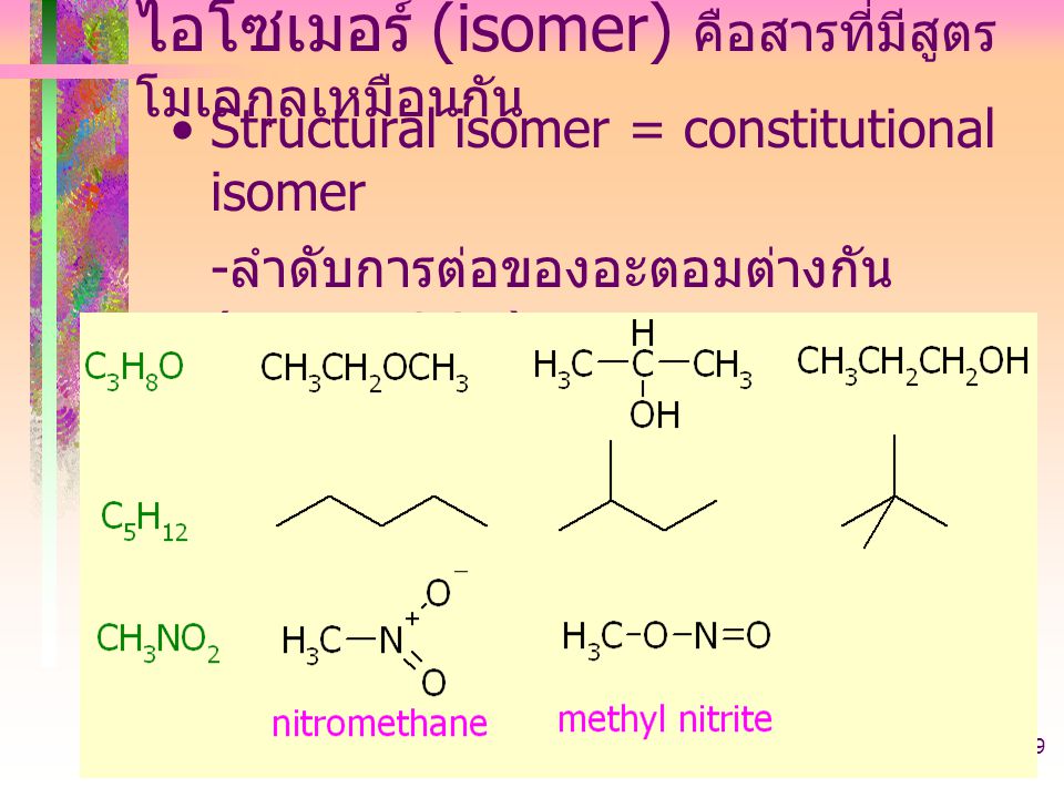 ไอโซเมอร์ (isomer) คือสารที่มีสูตรโมเลกุลเหมือนกัน