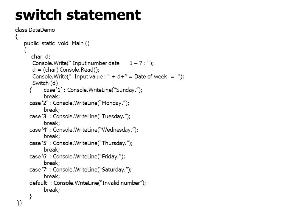 switch statement class DateDemo { public static void Main () char d;