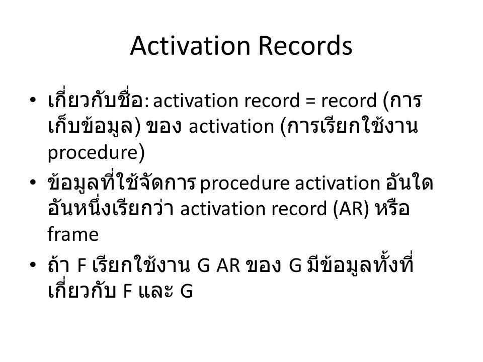 Activation Records เกี่ยวกับชื่อ: activation record = record (การเก็บข้อมูล) ของ activation (การเรียกใช้งาน procedure)