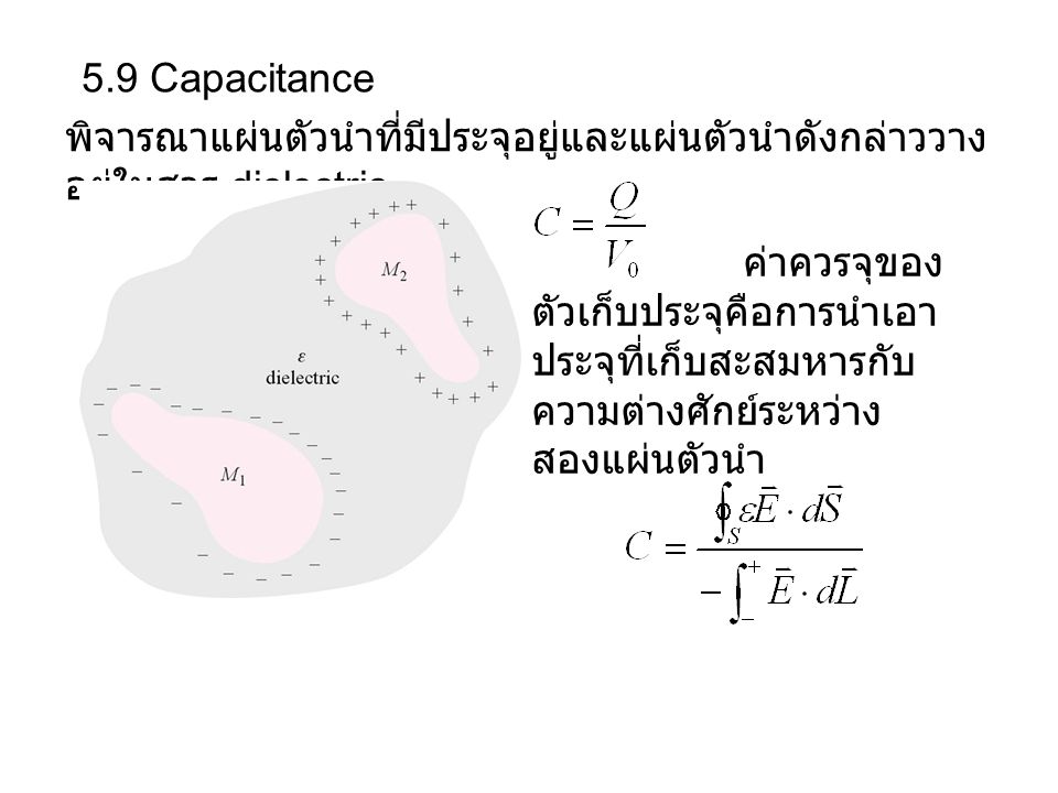 5.9 Capacitance พิจารณาแผ่นตัวนำที่มีประจุอยู่และแผ่นตัวนำดังกล่าววางอยู่ในสาร dielectric.