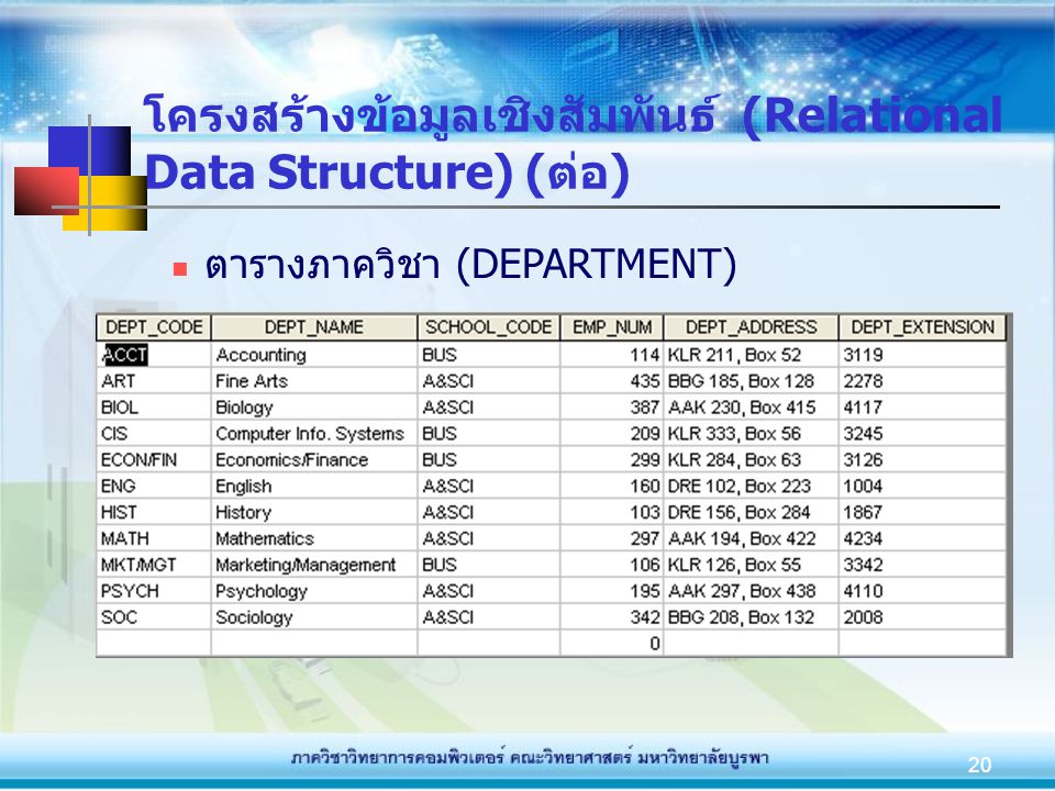 โครงสร้างข้อมูลเชิงสัมพันธ์ (Relational Data Structure) (ต่อ)
