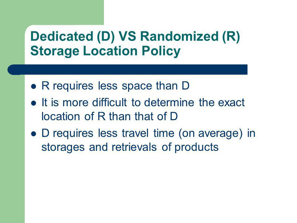 Dedicated (D) VS Randomized (R) Storage Location Policy