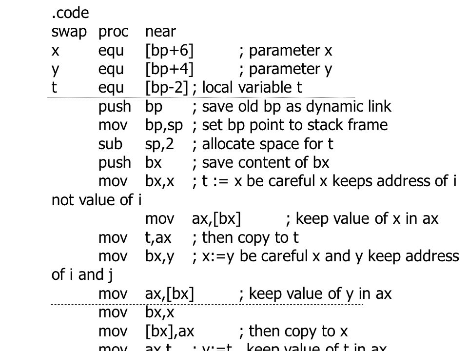 .code swap proc near. x equ [bp+6] ; parameter x. y equ [bp+4] ; parameter y. t equ [bp-2] ; local variable t.