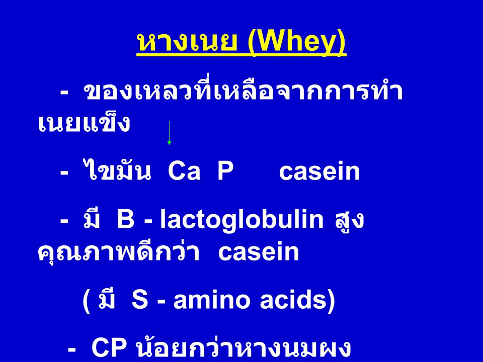 หางเนย (Whey) - ของเหลวที่เหลือจากการทำเนยแข็ง - ไขมัน Ca P casein