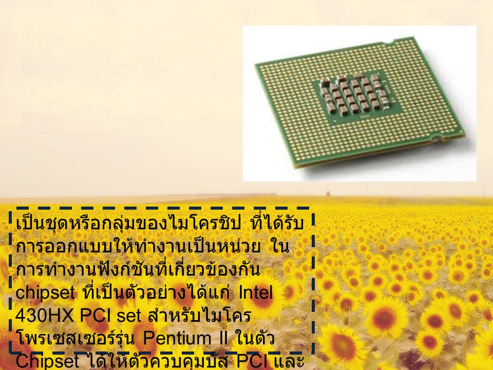 เป็นชุดหรือกลุ่มของไมโครชิป ที่ได้รับการออกแบบให้ทำงานเป็นหน่วย ในการทำงานฟังก์ชันที่เกี่ยวข้องกัน chipset ที่เป็นตัวอย่างได้แก่ Intel 430HX PCI set สำหรับไมโครโพรเซสเซอร์รุ่น Pentium II ในตัว Chipset ได้ให้ตัวควบคุมบัส PCI และออกแบบสำหรับคอมพิวเตอร์ทางธุรกิจ เพื่อการหาค่าเหมาะสม