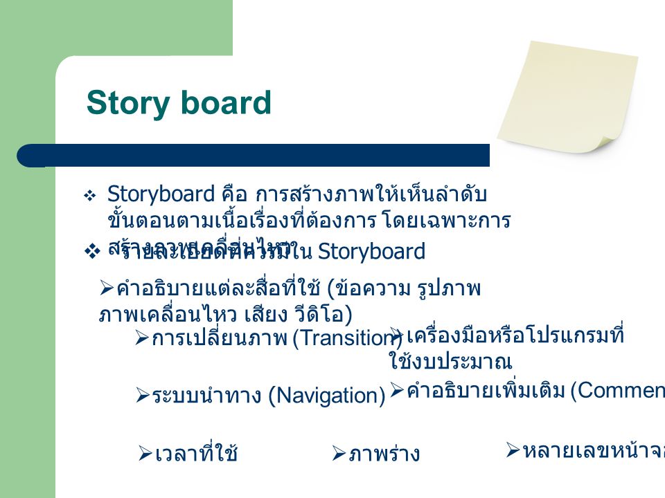 Story board Storyboard คือ การสร้างภาพให้เห็นลำดับขั้นตอนตามเนื้อเรื่องที่ต้องการ โดยเฉพาะการสร้างภาพเคลื่อนไหว.