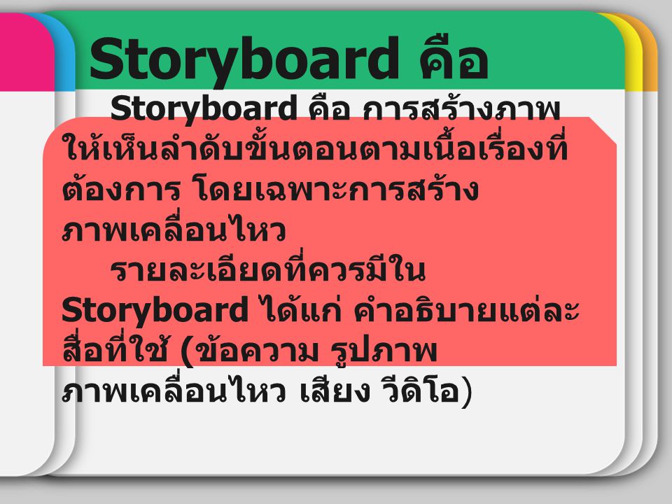 Storyboard คือ ... Storyboard คือ การสร้างภาพให้เห็นลำดับขั้นตอนตามเนื้อเรื่องที่ต้องการ โดยเฉพาะการสร้างภาพเคลื่อนไหว.