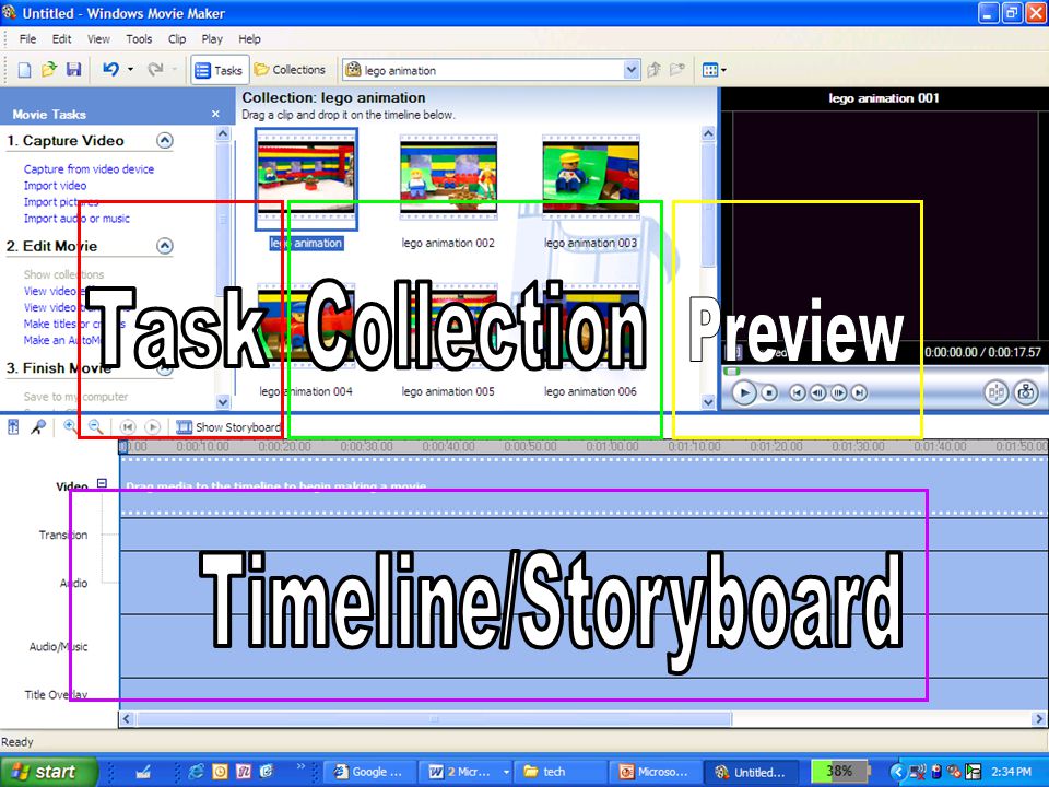 The 4 panes of WMM Collection Task Preview Timeline/Storyboard