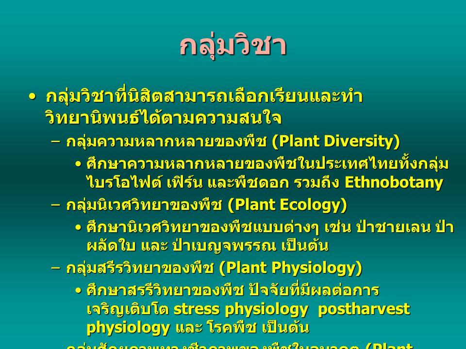 กลุ่มวิชา กลุ่มวิชาที่นิสิตสามารถเลือกเรียนและทำวิทยานิพนธ์ได้ตามความสนใจ. กลุ่มความหลากหลายของพืช (Plant Diversity)
