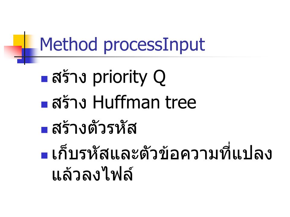 Method processInput สร้าง priority Q. สร้าง Huffman tree.