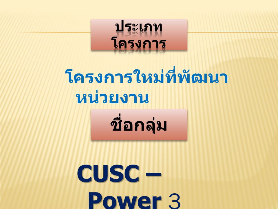 ประเภทโครงการ โครงการใหม่ที่พัฒนาหน่วยงาน ชื่อกลุ่ม CUSC – Power 3