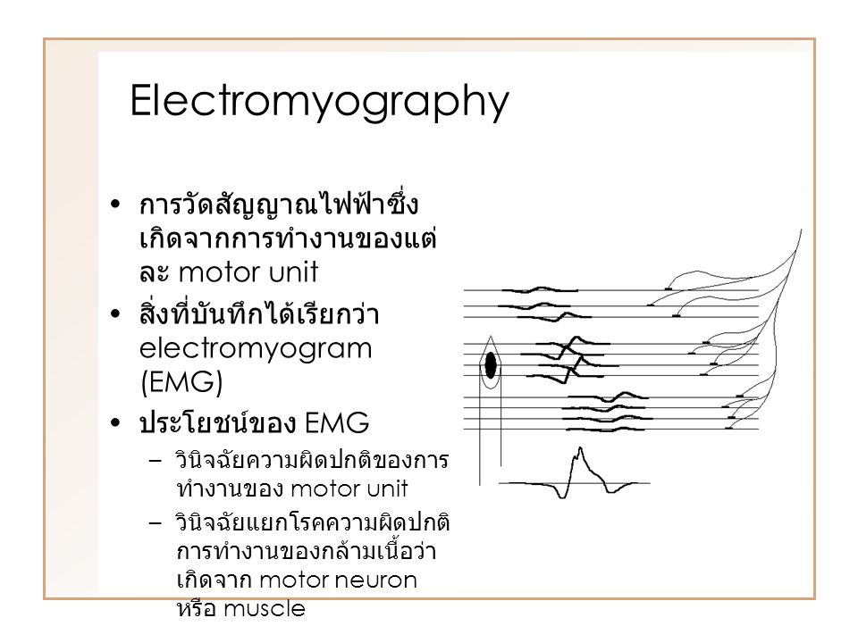 10 กรกฎาคม 2551 Electromyography. การวัดสัญญาณไฟฟ้าซึ่งเกิดจากการทำงานของแต่ละ motor unit. สิ่งที่บันทึกได้เรียกว่า electromyogram (EMG)