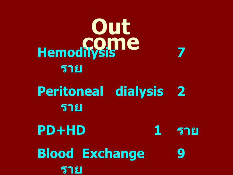 Out come Hemodilysis 7 ราย Peritoneal dialysis 2 ราย PD+HD 1 ราย