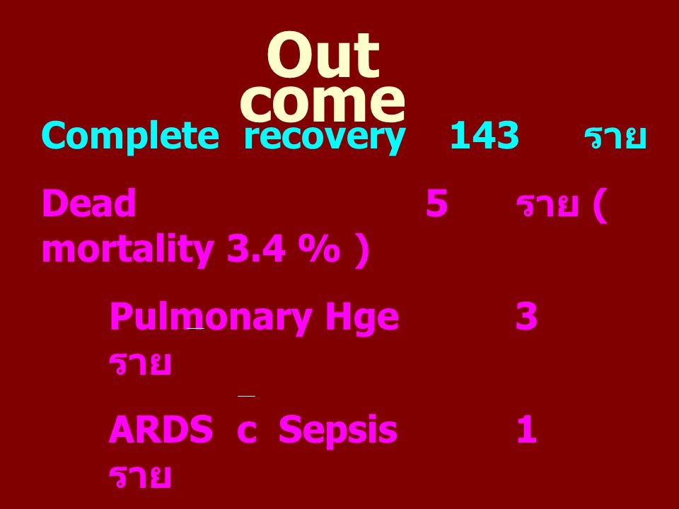 Out come Complete recovery 143 ราย Dead 5 ราย ( mortality 3.4 % )