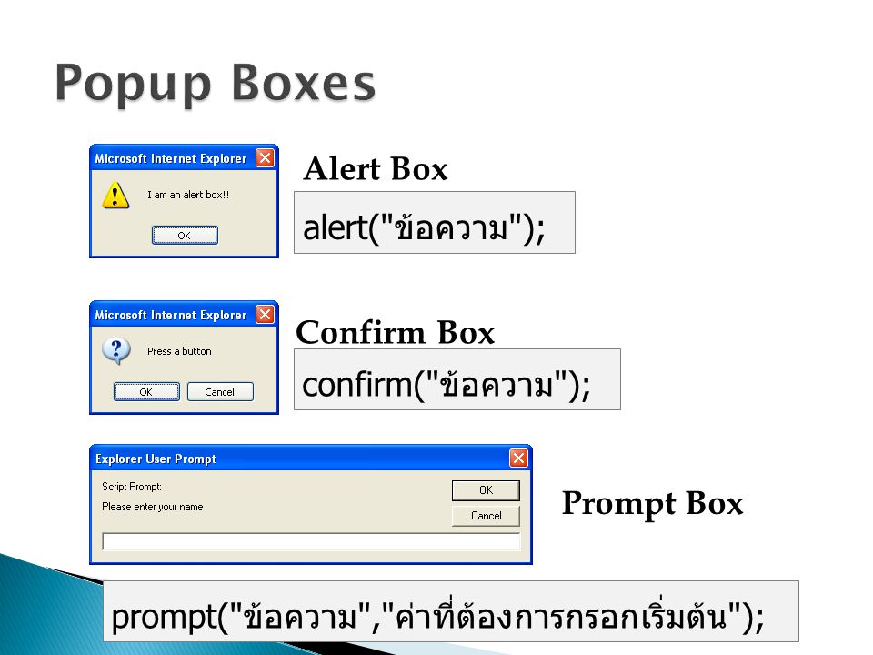 Popup Boxes Alert Box alert( ข้อความ ); Confirm Box