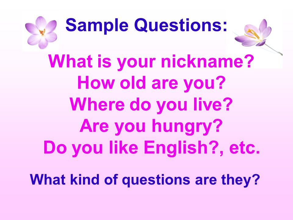 Sample Questions: What is your nickname How old are you