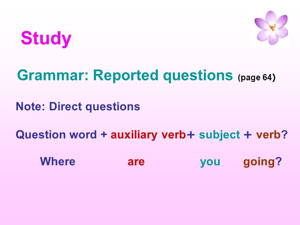 Study Grammar: Reported questions (page 64) Note: Direct questions