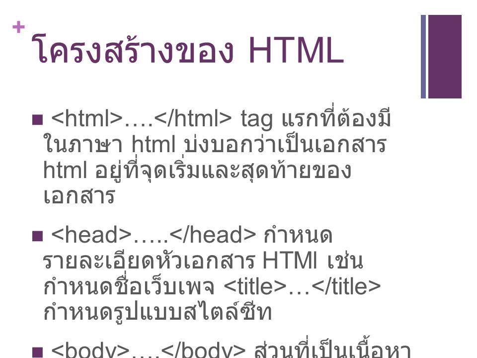 โครงสร้างของ HTML <html>….</html> tag แรกที่ต้องมี ในภาษา html บ่งบอกว่าเป็นเอกสาร html อยู่ที่จุดเริ่มและสุดท้ายของ เอกสาร.