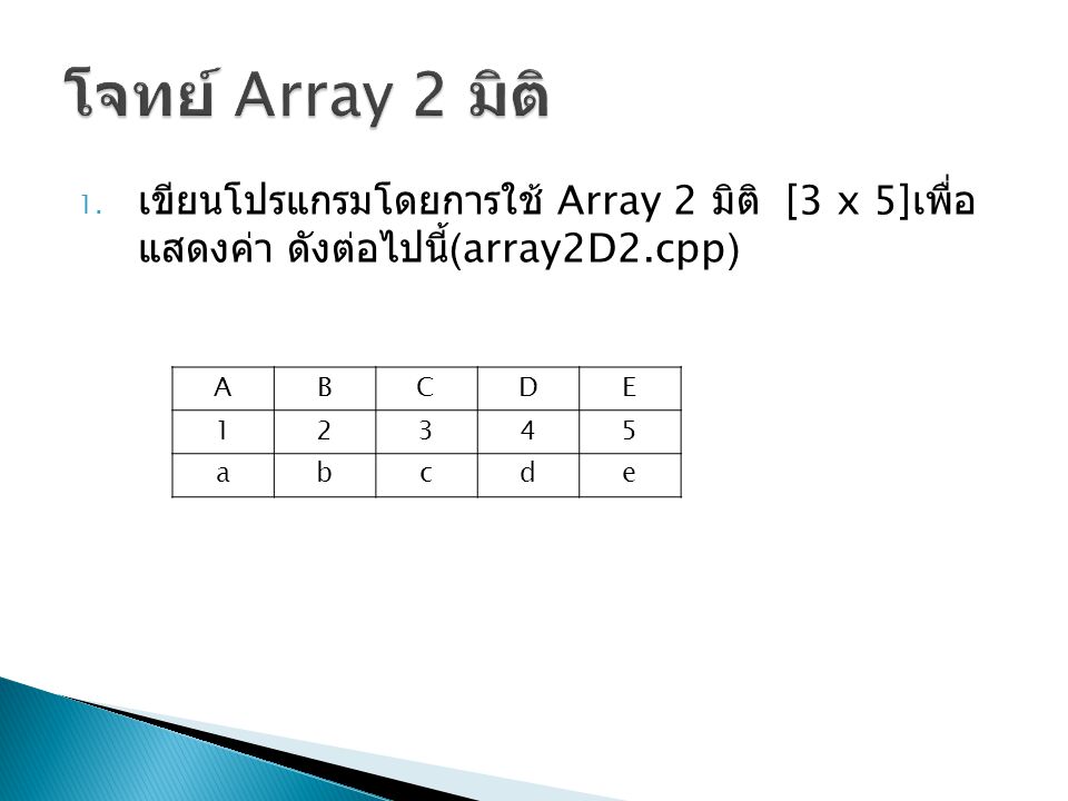 โจทย์ Array 2 มิติ เขียนโปรแกรมโดยการใช้ Array 2 มิติ [3 x 5]เพื่อแสดงค่า ดังต่อไปนี้ (array2D2.cpp)
