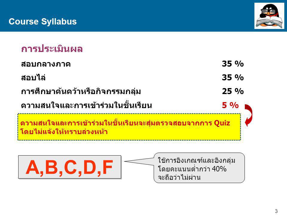A,B,C,D,F การประเมินผล Course Syllabus สอบกลางภาค 35 % สอบไล่ 35 %