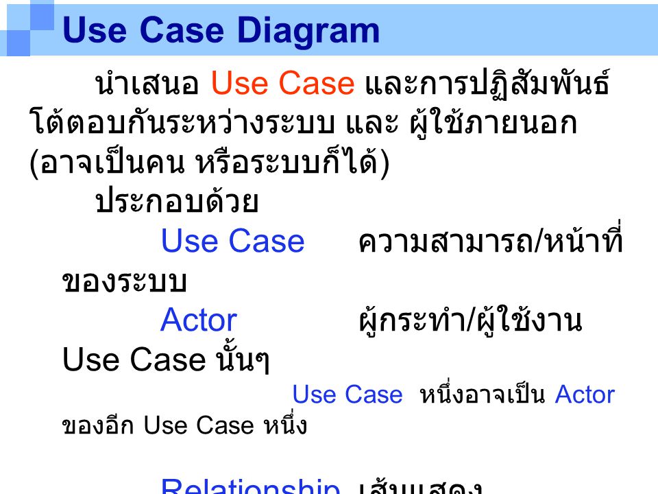 Use Case Diagram นำเสนอ Use Case และการปฏิสัมพันธ์โต้ตอบกันระหว่างระบบ และ ผู้ใช้ภายนอก (อาจเป็นคน หรือระบบก็ได้)
