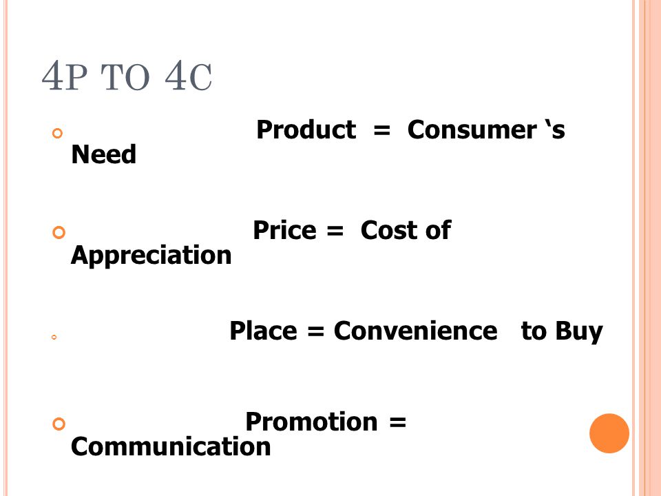 4p to 4c Price = Cost of Appreciation Promotion = Communication