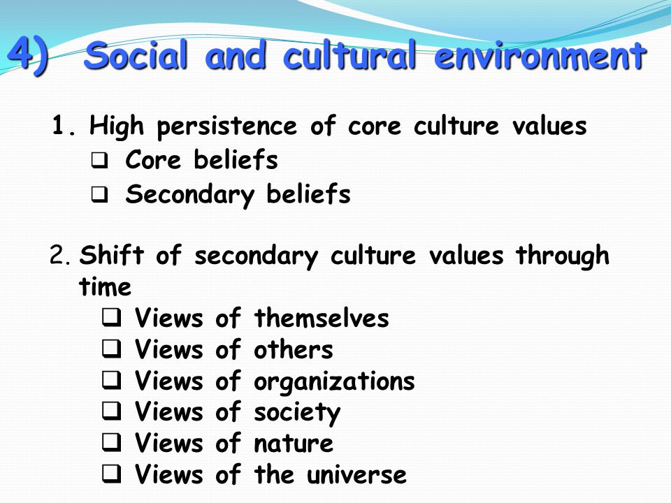 4) Social and cultural environment