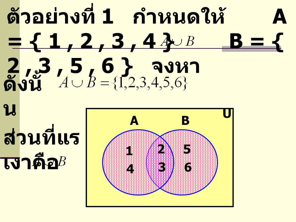 ตัวอย่างที่ 1 กำหนดให้ A = { 1 , 2 , 3 , 4 } B = { 2 , 3 , 5 , 6 } จงหา