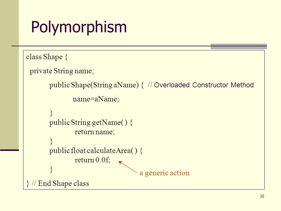 Polymorphism class Shape { private String name;