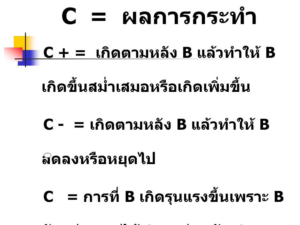 C = ผลการกระทำ C + = เกิดตามหลัง B แล้วทำให้ B เกิดขึ้นสม่ำเสมอหรือเกิดเพิ่มขึ้น. C - = เกิดตามหลัง B แล้วทำให้ B ลดลงหรือหยุดไป.