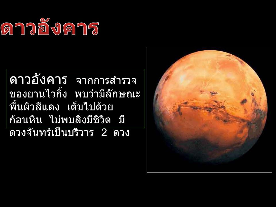 ดาวอังคาร ดาวอังคาร จากการสำรวจของยานไวกิ้ง พบว่ามีลักษณะพื้นผิวสีแดง เต็มไปด้วย.