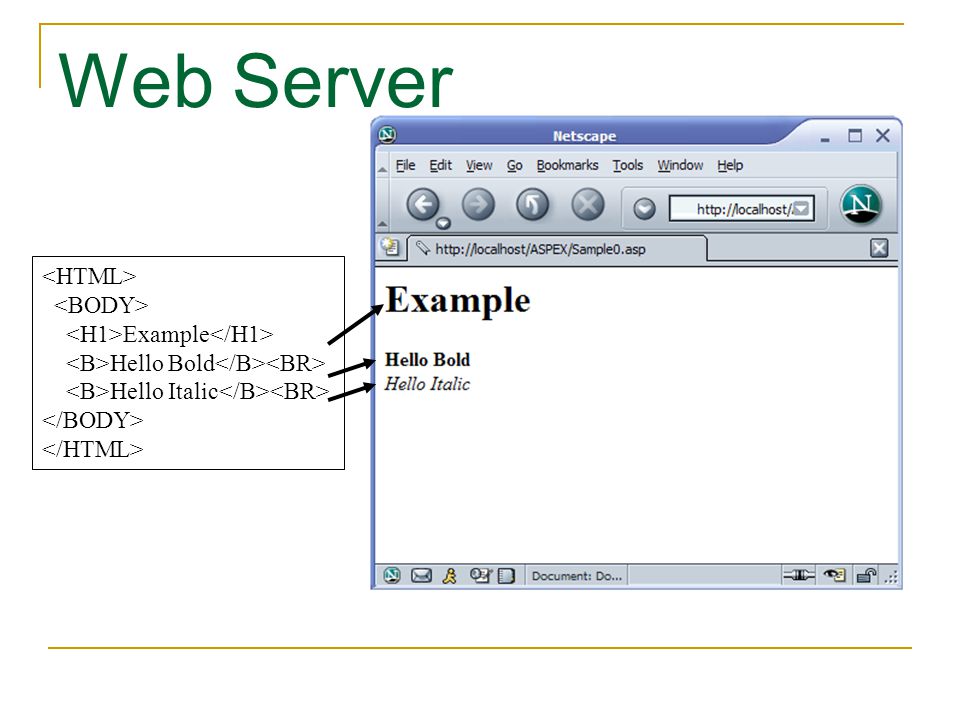 Web Server <HTML> <BODY> <H1>Example</H1>