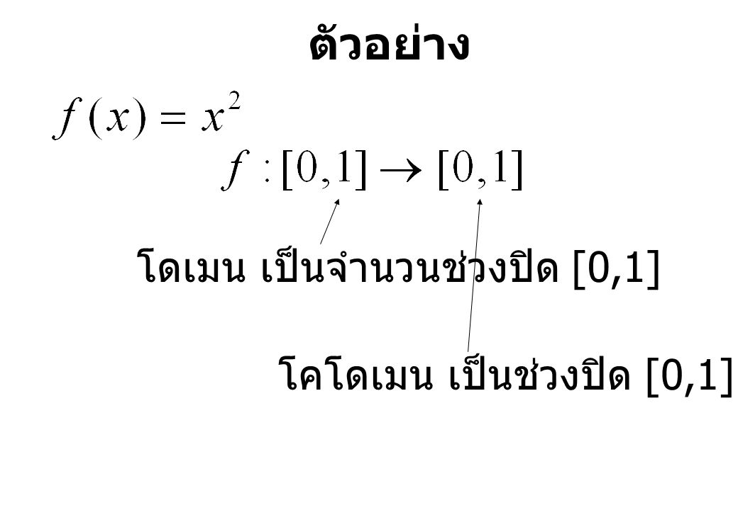 ตัวอย่าง โดเมน เป็นจำนวนช่วงปิด [0,1] โคโดเมน เป็นช่วงปิด [0,1]