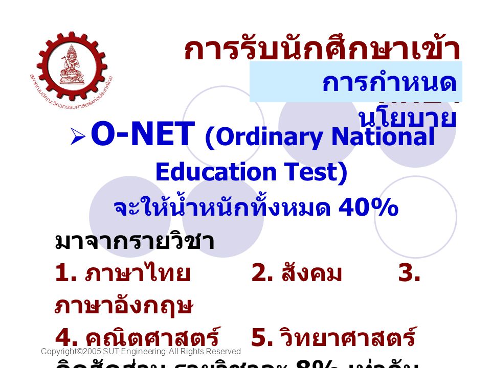 O-NET (Ordinary National Education Test) จะให้น้ำหนักทั้งหมด 40%