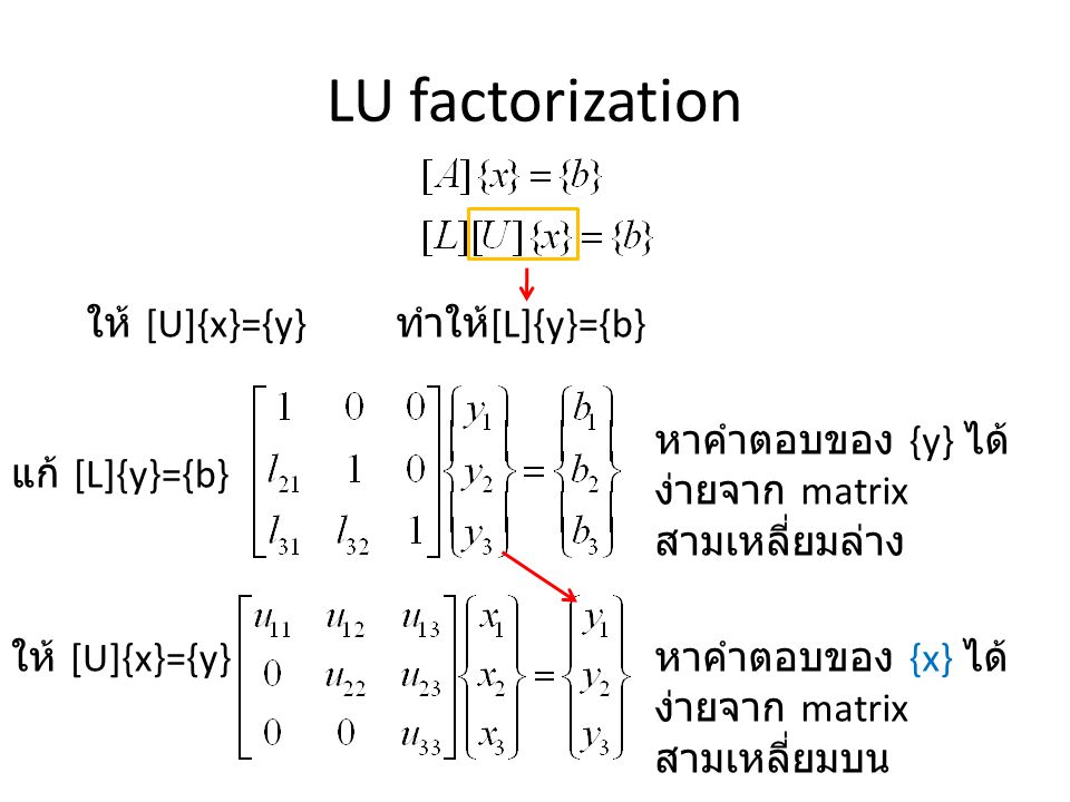 LU factorization ให้ [U]{x}={y} ทำให้[L]{y}={b}
