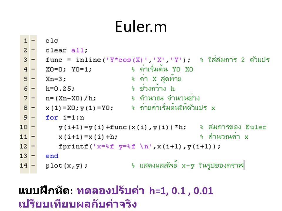 Euler.m แบบฝีกหัด: ทดลองปรับค่า h=1, 0.1 , 0.01 เปรียบเทียบผลกับค่าจริง