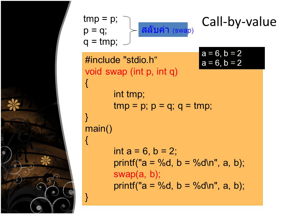 Call-by-value tmp = p; p = q; q = tmp; สลับค่า (swap)