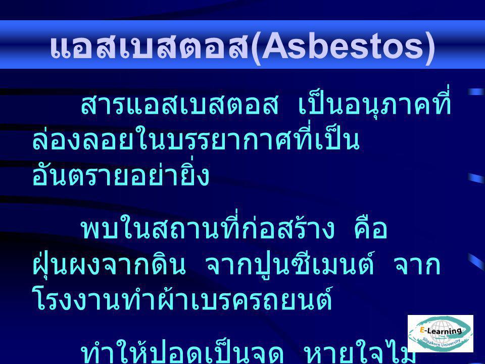 แอสเบสตอส(Asbestos) สารแอสเบสตอส เป็นอนุภาคที่ล่องลอยในบรรยากาศที่เป็นอันตรายอย่ายิ่ง.