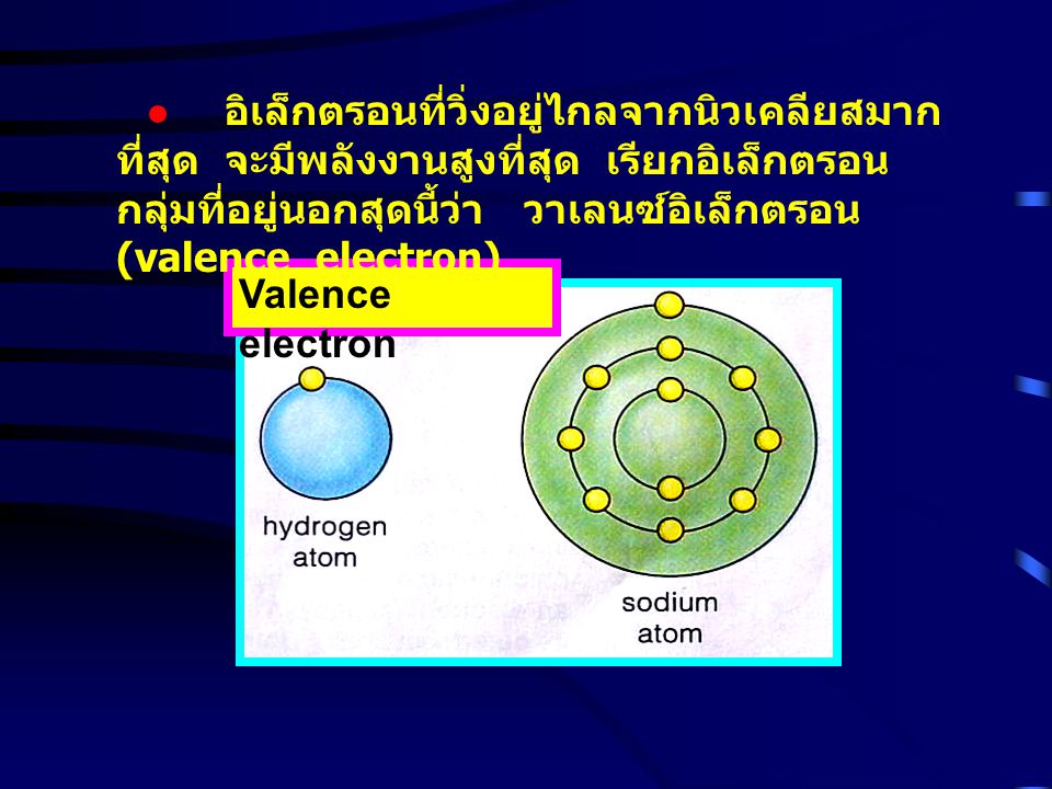 อิเล็กตรอนที่วิ่งอยู่ไกลจากนิวเคลียสมากที่สุด จะมีพลังงานสูงที่สุด เรียกอิเล็กตรอนกลุ่มที่อยู่นอกสุดนี้ว่า วาเลนซ์อิเล็กตรอน (valence electron)